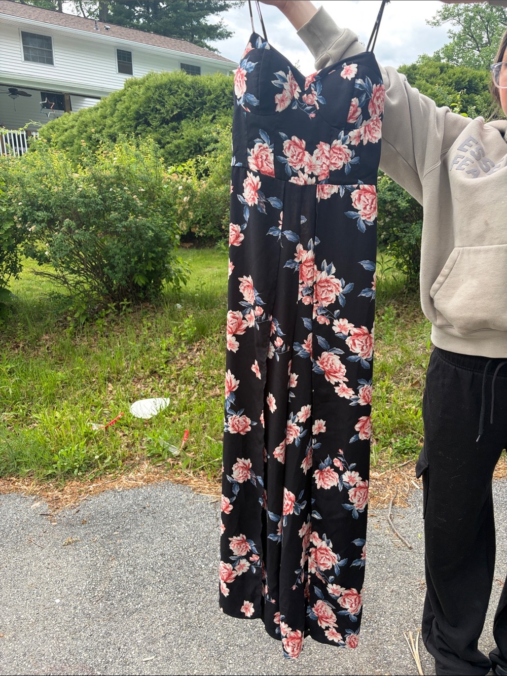 Black Floral Maxi Dress with Pink Rose Print